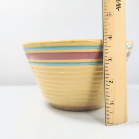 Antique Yellow Ware Stoneware 7” Mixing Bowl with Ridges & Banded Stripes USA - Picture 6 of 9